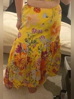 H&M Yellow Multicolored Floral Boho Single Tier Elastic Waist Maxi Skirt